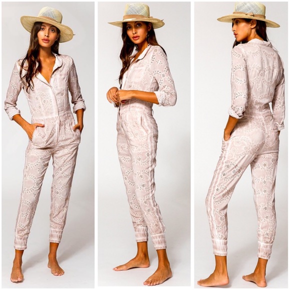 YFB | Levi Eyelet Jumpsuit in Sea Salt Oil Wash (Lt. Pink) Size Small - Picture 1 of 15